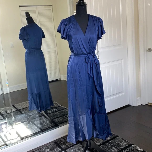 Nicole Miller Dresses | Nicole Miller Nwt Satin Ruffle Asymmetrical Hem Blue Midi Dress Womens Size Xs | Color: Blue | Size: Xs | Manuci's Closet